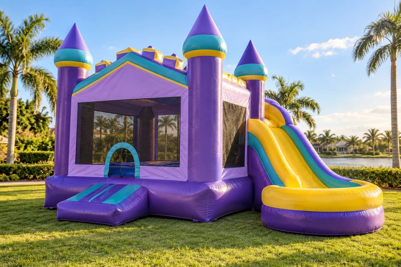 Purple and yellow castle bounce house with an attached slide on a sunny lawn; illustrative rental image